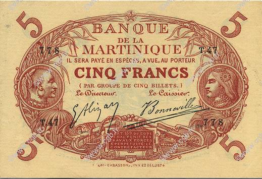 5 Francs Cabasson rouge MARTINIQUE  1903 P.06A pr.SPL