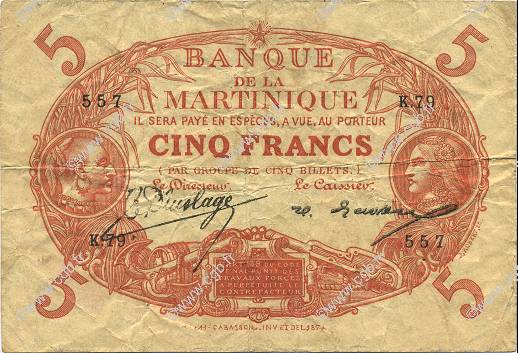 5 Francs Cabasson rouge MARTINIQUE  1922 P.06A MB a BB