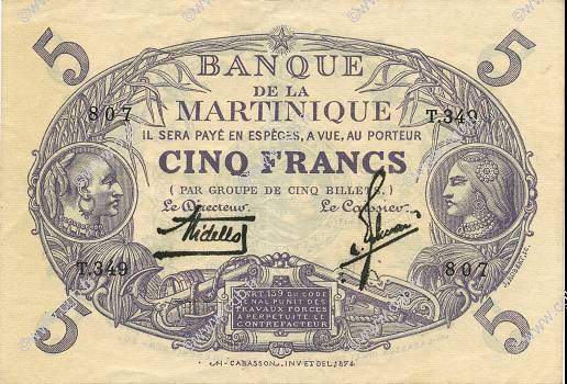 5 Francs Cabasson violet MARTINIQUE  1934 P.06 SUP+