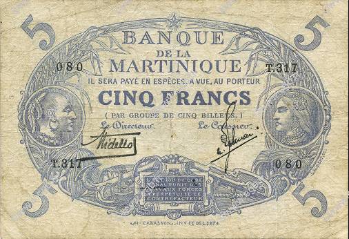 5 Francs Cabasson bleu MARTINIQUE  1935 P.06var S