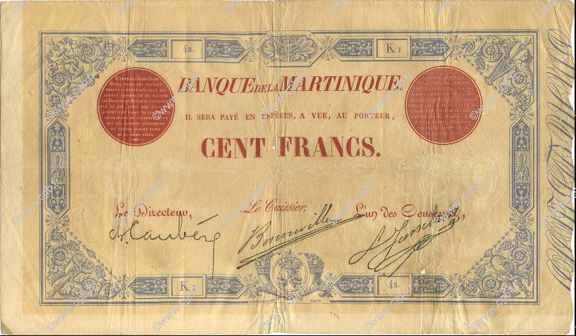 100 Francs MARTINIQUE  1899 P.-- TTB