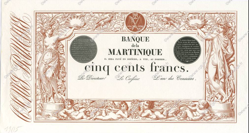 500 Francs MARTINIQUE  1905 P.09s UNC-