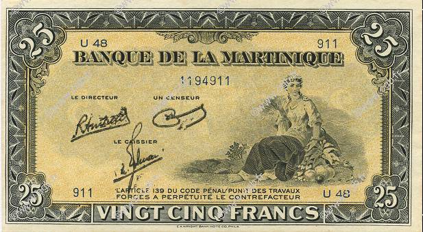25 Francs MARTINIQUE  1943 P.17 pr.NEUF