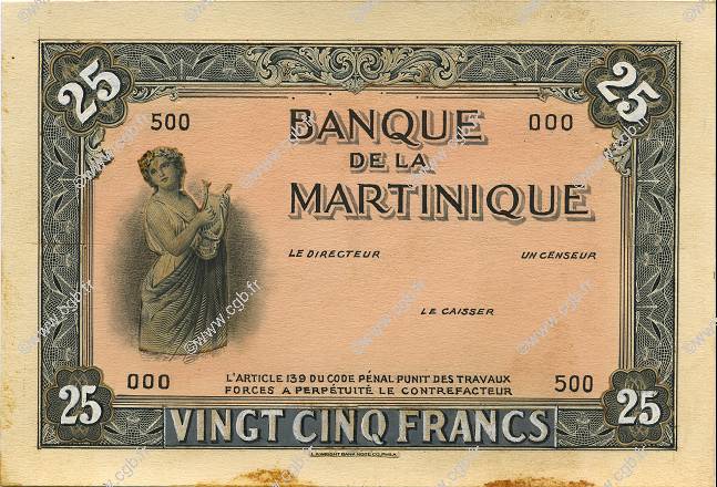 25 Francs MARTINIQUE  1943 P.- SUP
