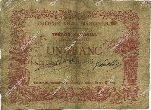1 Franc MARTINIQUE  1884 P.02 VG