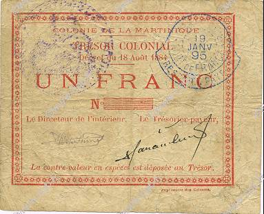 1 Franc MARTINIQUE  1895 P.03A TTB