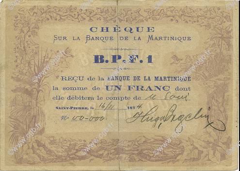 1 Franc MARTINIQUE  1874 P.05A TTB+