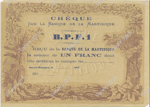 1 Franc Non émis MARTINIQUE  1874 P.05A SUP