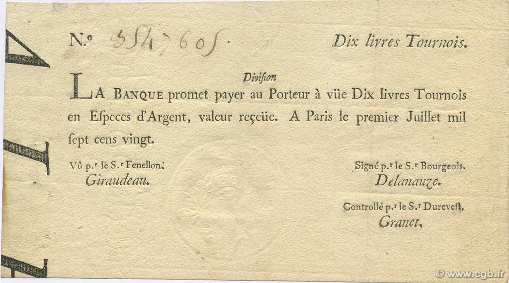 10 Livres Tournois typographié FRANCE  1720 Laf.093 TTB à SUP