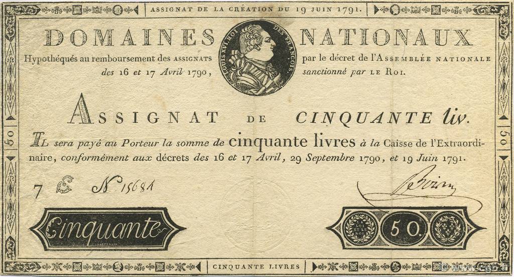 50 Livres FRANCE  1791 Laf.138 TTB+
