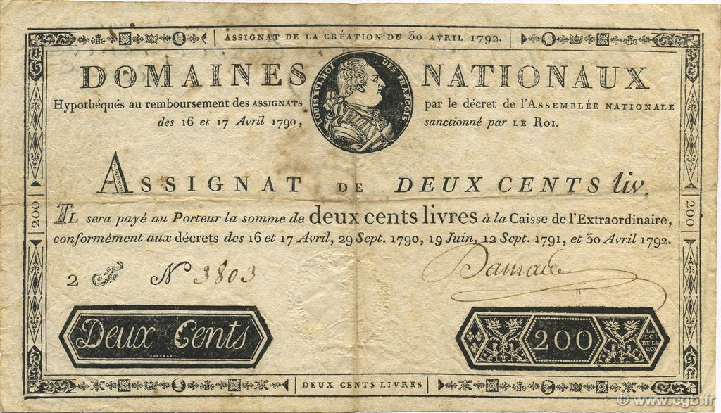 200 Livres FRANCE  1792 Laf.154 TTB