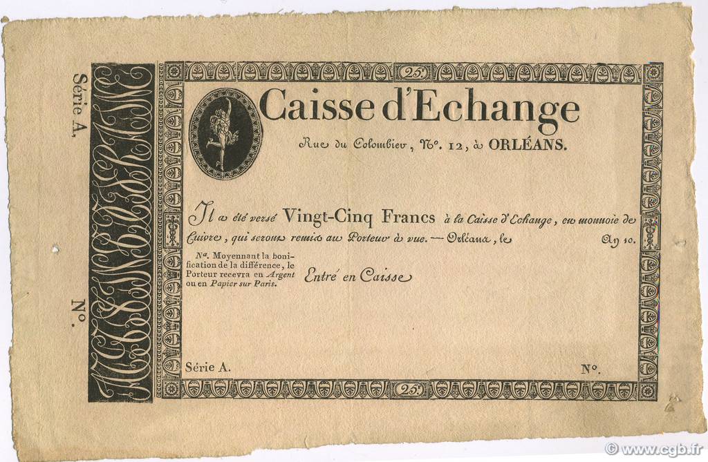 25 Francs Caisse d échange d Orléans FRANCE regionalism and various  1802 PS.231 XF+