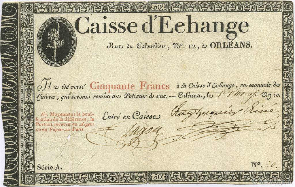 50 Francs Caisse d échange d Orléans FRANCE regionalism and various  1802 PS.232 VF