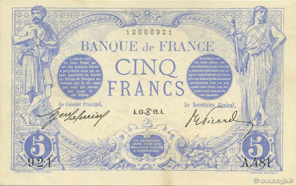 5 Francs BLEU FRANCE  1912 F.02.06 pr.SPL