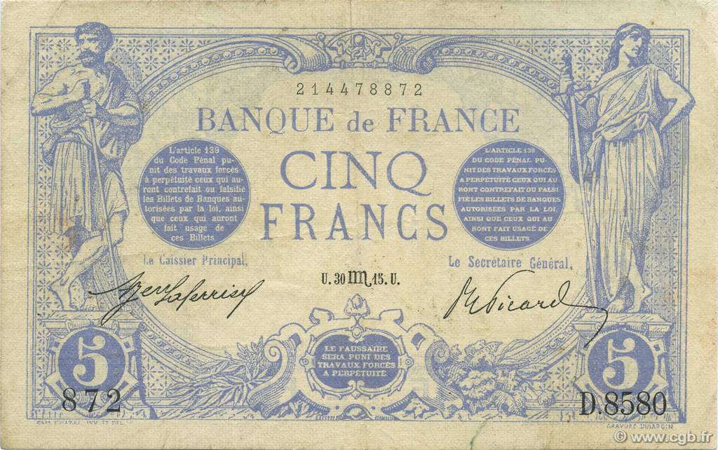 5 Francs BLEU FRANCE  1915 F.02.32 pr.TTB
