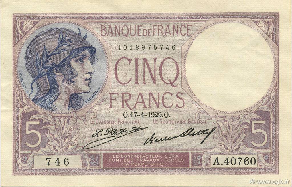 5 Francs FEMME CASQUÉE FRANCE  1929 F.03.13 SUP+