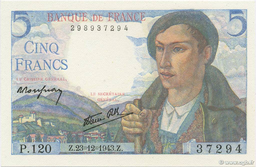 5 Francs BERGER FRANCE  1943 F.05.05 NEUF