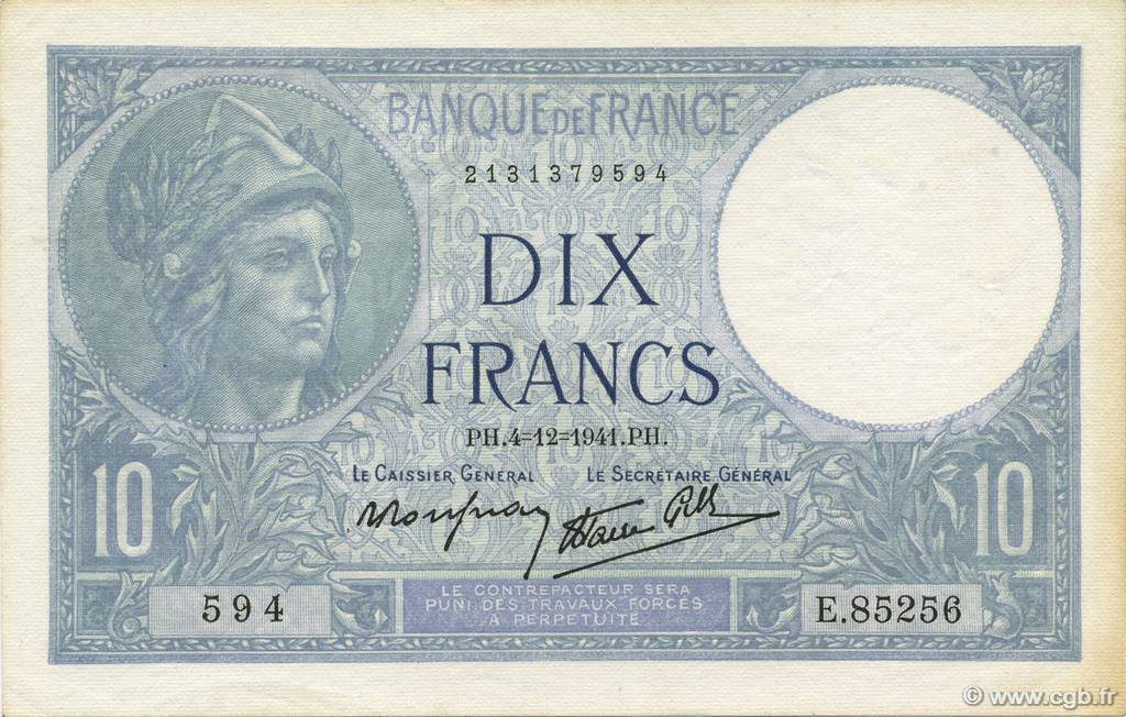 10 Francs MINERVE modifié FRANCE  1941 F.07.30 pr.NEUF