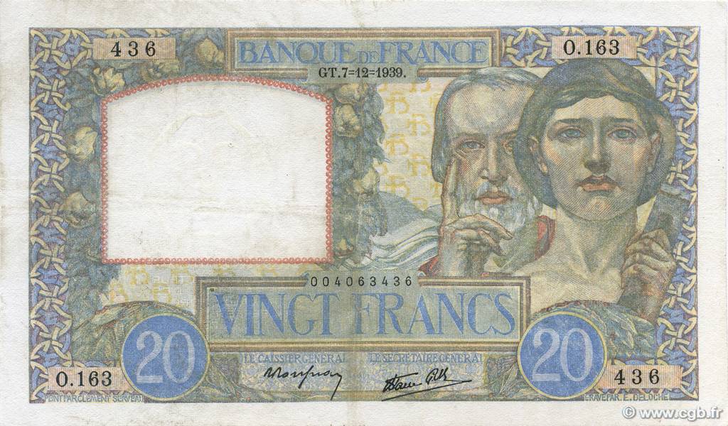 20 Francs TRAVAIL ET SCIENCE FRANCE  1939 F.12.01 pr.TTB