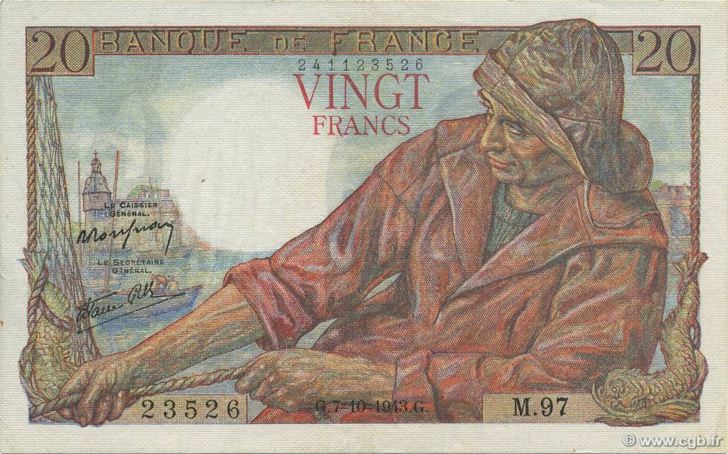 20 Francs PÊCHEUR FRANCE  1943 F.13.07 SPL