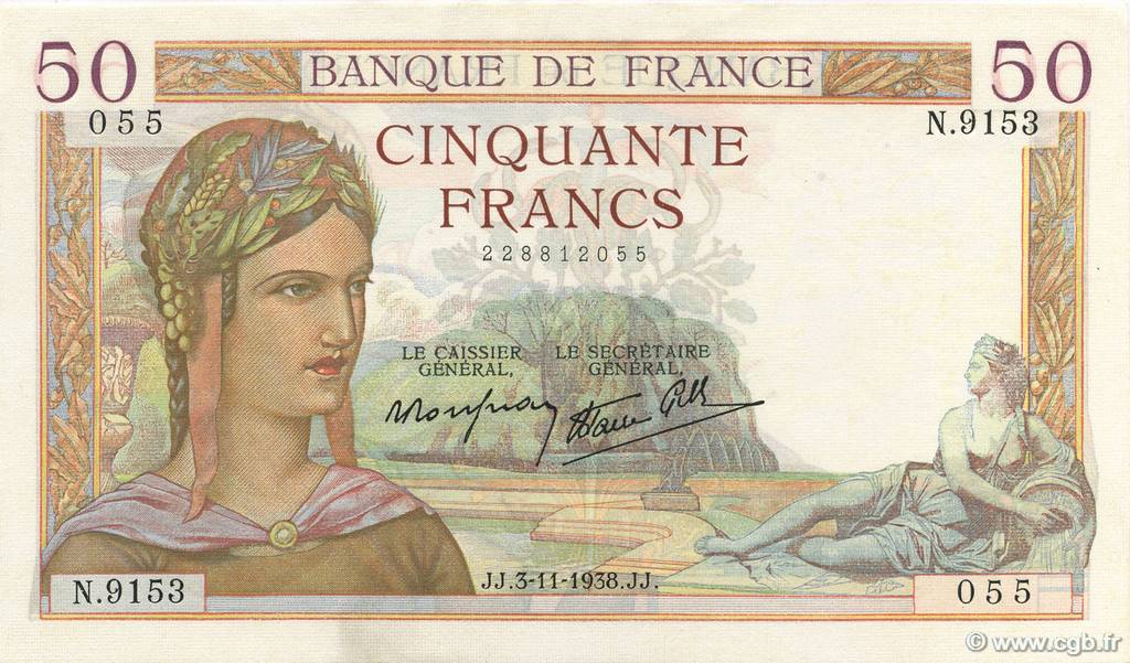 50 Francs CÉRÈS modifié FRANCE  1938 F.18.18 SPL+