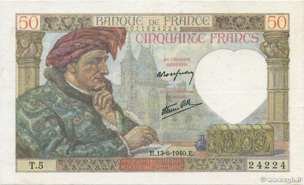 50 Francs JACQUES CŒUR FRANCE  1940 F.19.01 TTB à SUP