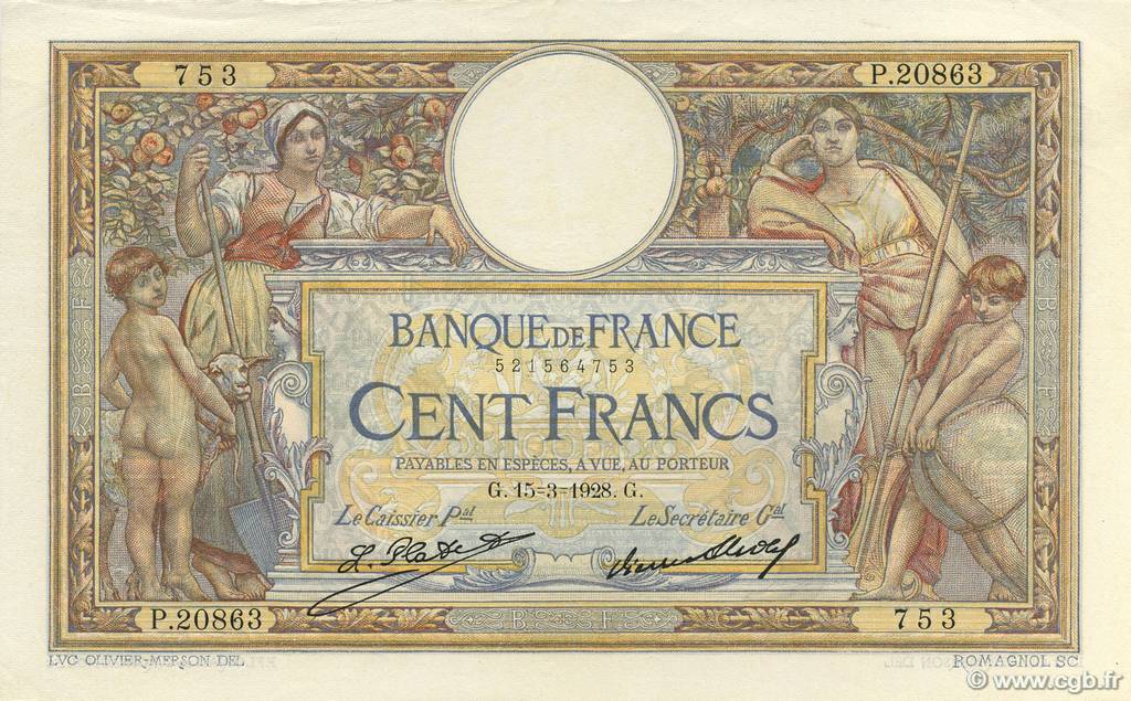 100 Francs LUC OLIVIER MERSON grands cartouches FRANCE  1928 F.24.07 SUP