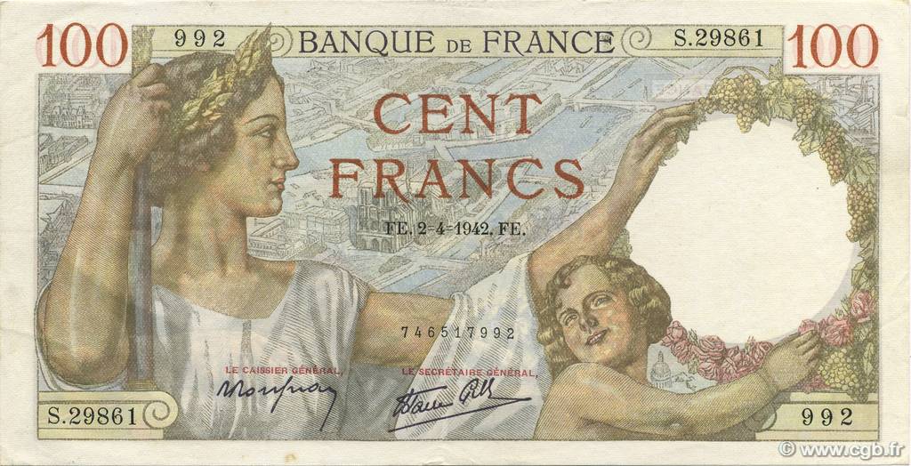 100 Francs SULLY FRANCE  1942 F.26.69 SUP+