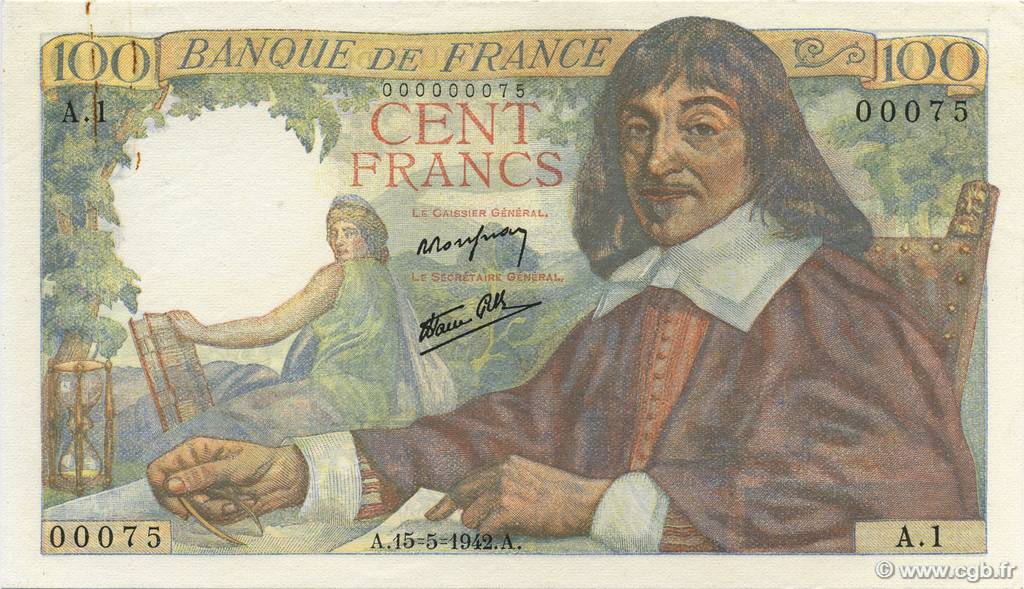 100 Francs DESCARTES FRANCE  1942 F.27.01A1 pr.NEUF