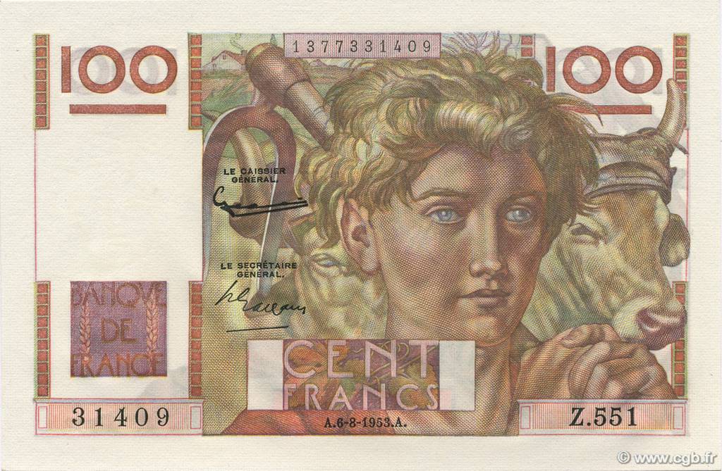 100 Francs JEUNE PAYSAN FRANCE  1953 F.28.38 pr.NEUF