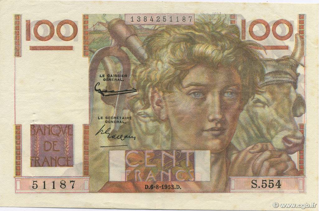 100 Francs JEUNE PAYSAN filigrane inversé FRANCE  1953 F.28bis.02 SUP+