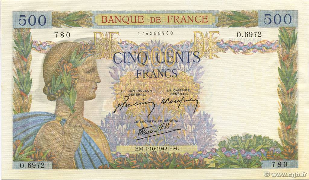 500 Francs LA PAIX FRANCE  1942 F.32.41 NEUF