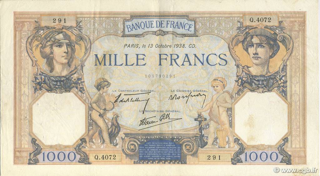 1000 Francs CÉRÈS ET MERCURE type modifié FRANCE  1938 F.38.29 TTB+