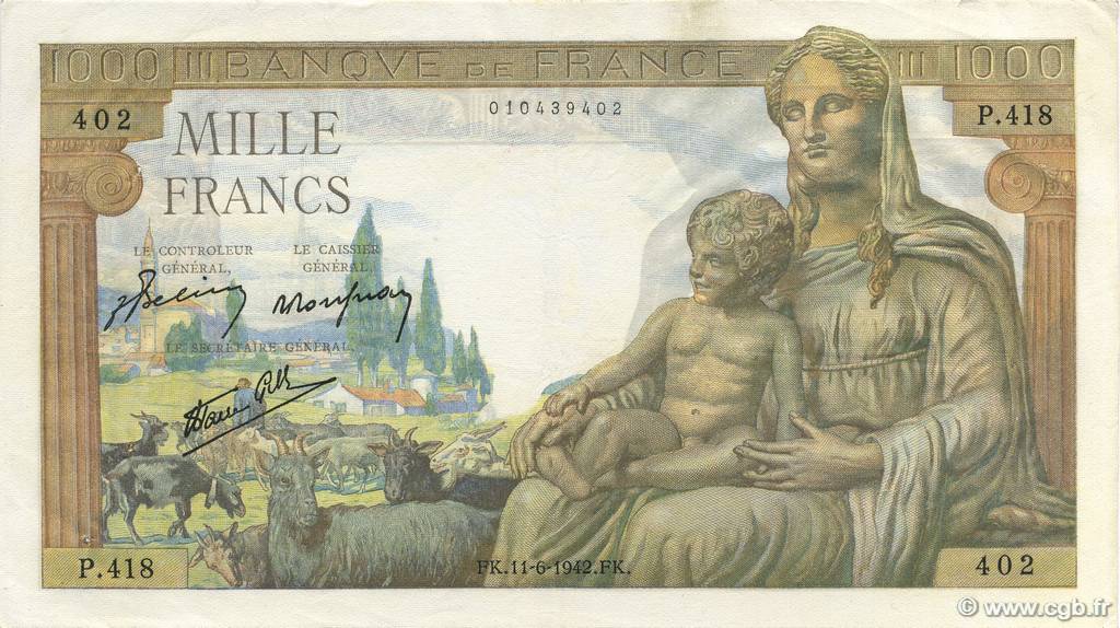1000 Francs DÉESSE DÉMÉTER FRANCE  1942 F.40.02 pr.SUP