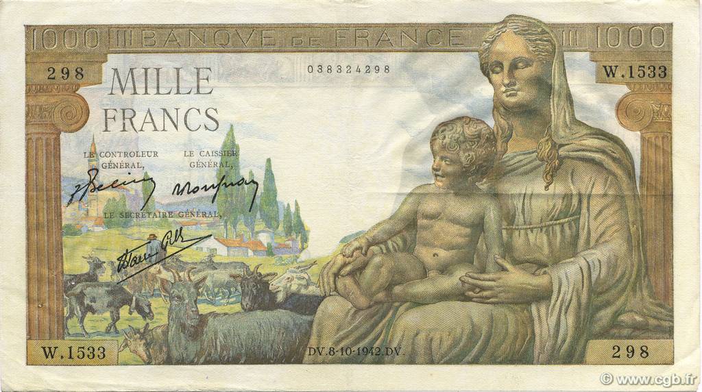 1000 Francs DÉESSE DÉMÉTER FRANCE  1942 F.40.08 TTB