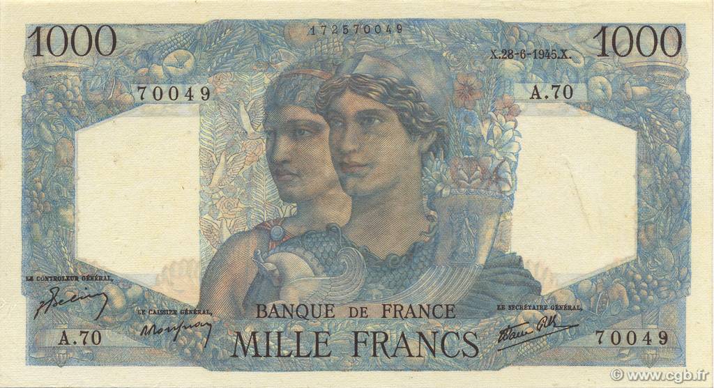 1000 Francs MINERVE ET HERCULE FRANCE  1945 F.41.05 SUP+