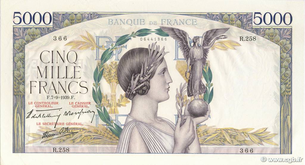 5000 Francs VICTOIRE Impression à plat FRANCE  1939 F.46.09 pr.SPL