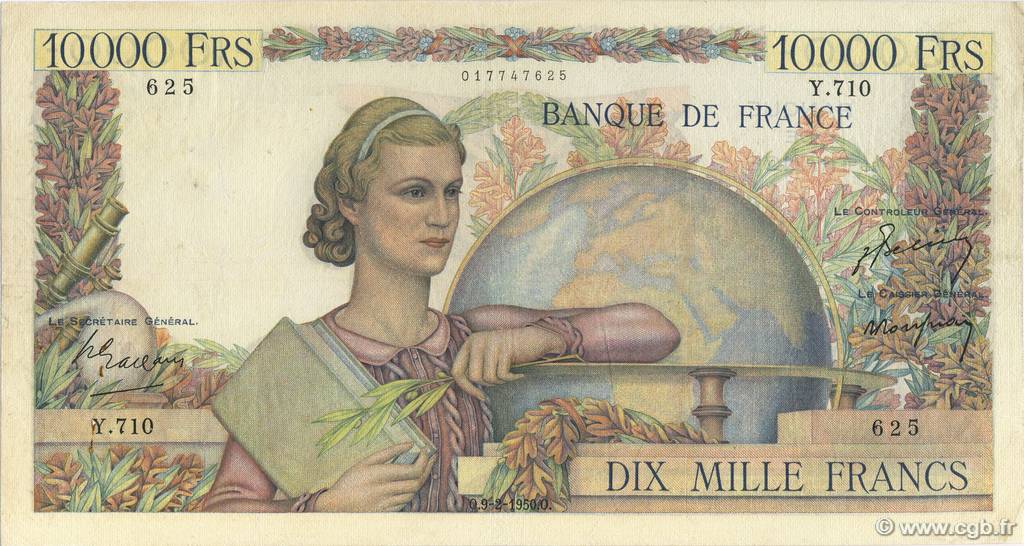 10000 Francs GÉNIE FRANÇAIS FRANCE  1950 F.50.30 TB+