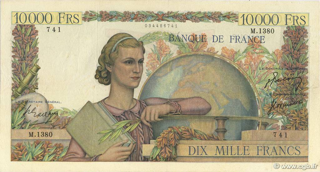 10000 Francs GÉNIE FRANÇAIS FRANCE  1951 F.50.49 TTB