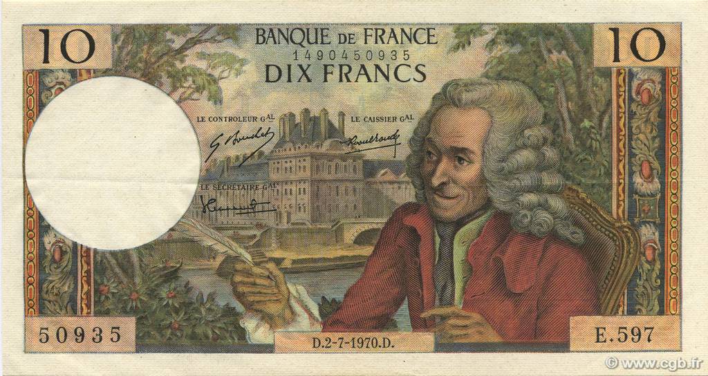 10 Francs VOLTAIRE FRANCE  1970 F.62.45 XF