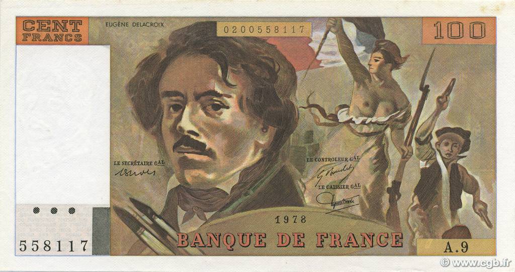 100 Francs DELACROIX modifié FRANCE  1978 F.69.01h SPL