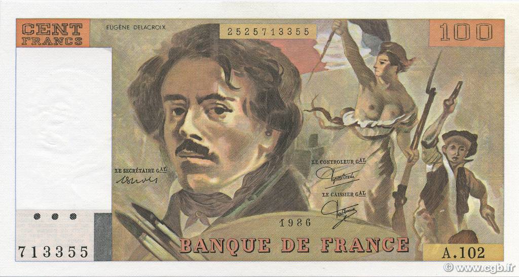 100 Francs DELACROIX modifié FRANCE 1986 F.69.10 UNC-