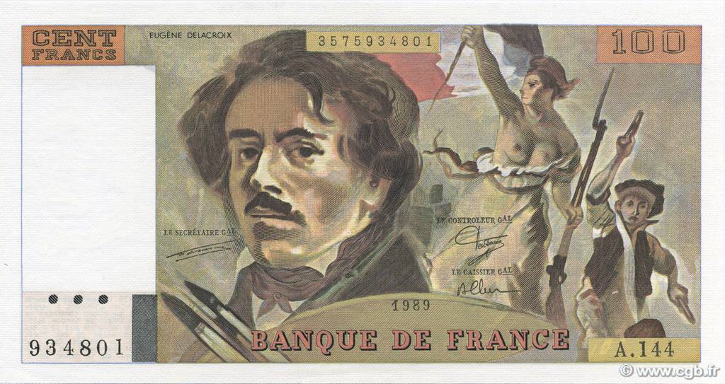 100 Francs DELACROIX modifié FRANCE  1989 F.69.13c SPL