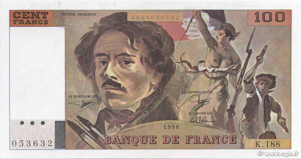 100 Francs DELACROIX imprimé en continu FRANCE  1990 F.69bis.02e1 pr.NEUF