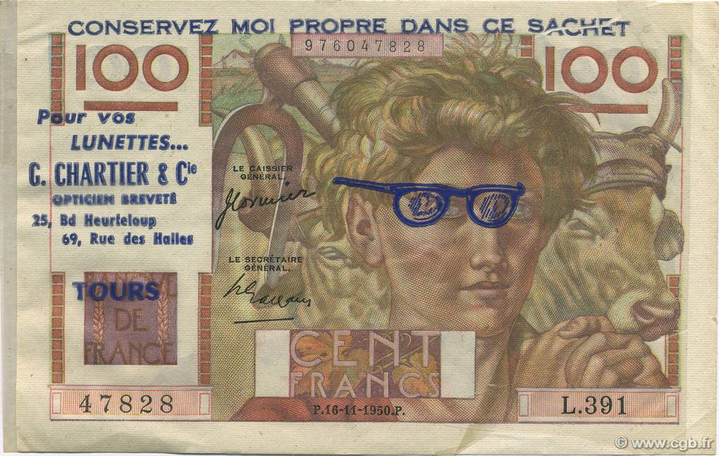 100 Francs JEUNE PAYSAN FRANCE regionalism and miscellaneous  1950 F.28.28 AU