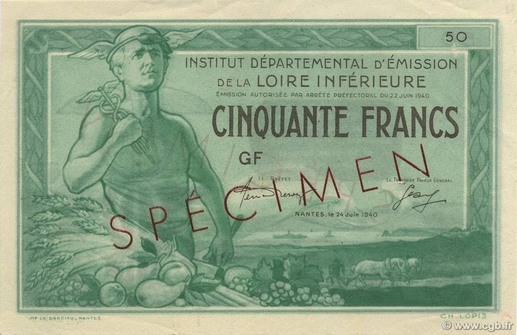 50 Francs LOIRE INFERIEURE Spécimen FRANCE régionalisme et divers  1940  SPL