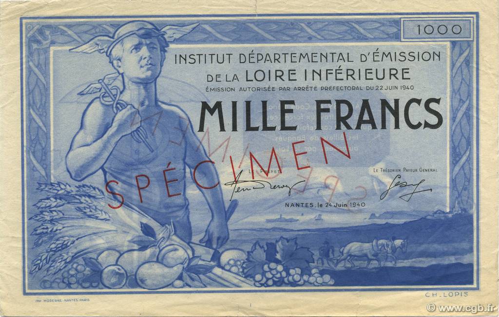 1000 Francs LOIRE INFERIEURE Spécimen FRANCE régionalisme et divers  1940  SUP