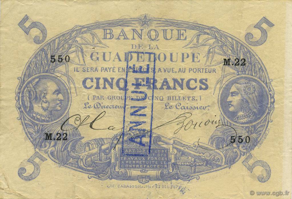 5 Francs Cabasson bleu GUADELOUPE  1891 P.06 pr.TTB