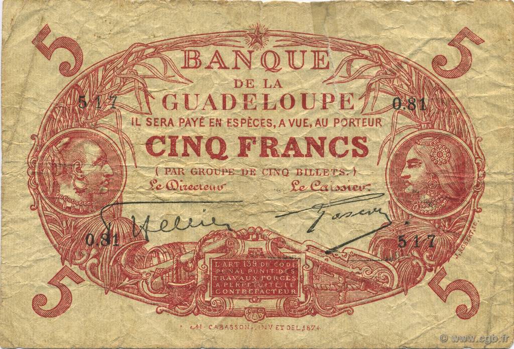 5 Francs Cabasson rouge GUADELOUPE  1925 P.07- TB
