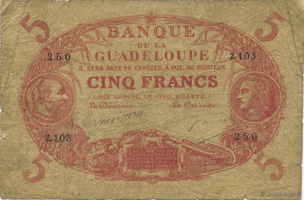5 Francs Cabasson rouge GUADELOUPE  1928 P.07- B+